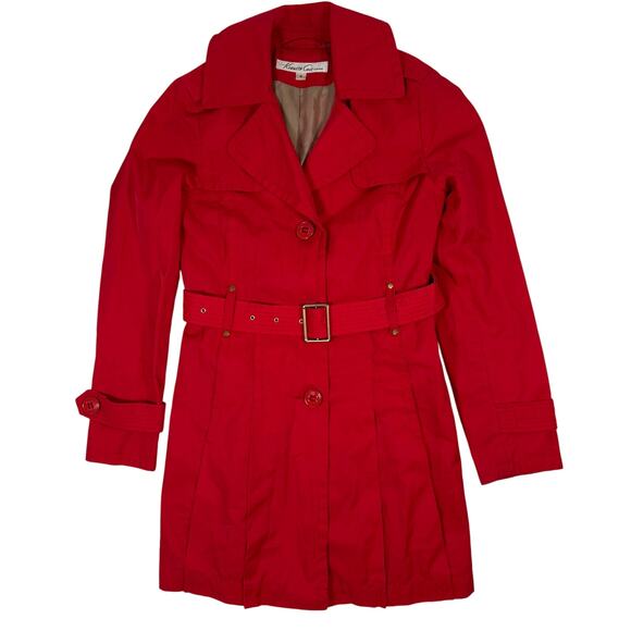 Y2K Kenneth Cole Red Belted Trench Coat Gold Accents Women's Small Retro Chic - Picture 3 of 9